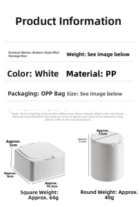 Detailed size and material information for white push-button mini organizer boxes
