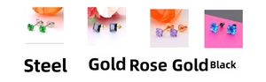 Macro shot of square AAA cubic zirconia stud earrings in four assorted metal finishes