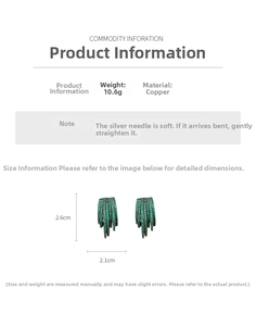 Detail view of multi-layer C-shape earrings with green zircons and size annotations