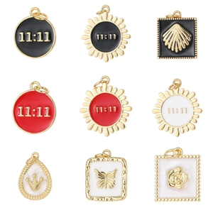 14k gold plated round and square enamel pendants with 11:11 and botanical motifs