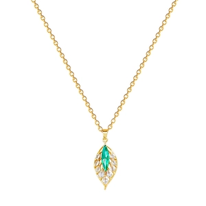 Elegant gold titanium steel necklace featuring emerald leaf pendant with white crystal diamonds