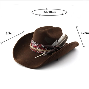 Detail view of brown wool cowboy hat with feather trim and size dimensions shown