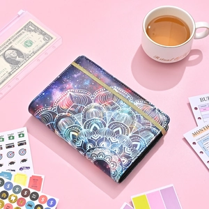 A6 PU leather budget binder with starry mandala pattern and golden elastic strap detail