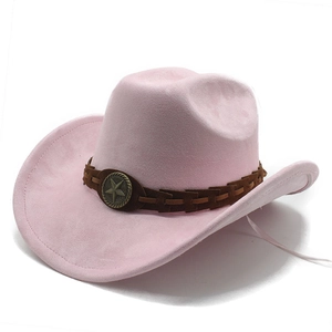 Detail of pink faux suede cowboy hat featuring woven band and bronze star emblem