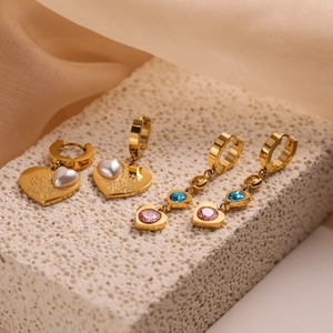 Gold-plated heart earrings with tree of life motif and colorful gemstone drop earrings
