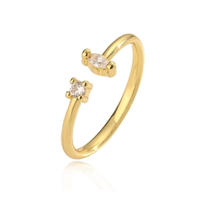 Minimalist gold plated adjustable copper ring with marquise and round cubic zirconia stones