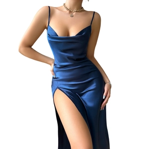 Sexy deep blue satin slip dress with high slit and elegant pleated neckline for women