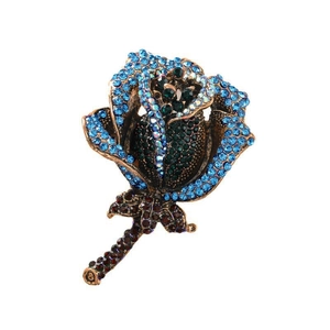 Vintage style rose brooch with blue and green rhinestones on bronze metal base