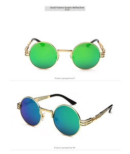 Steampunk round sunglasses with gold metal frame and green reflective lenses from 0 and 90 degrees