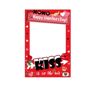 Macro detail of Valentine's Day photo booth frame with heart and rose design elements