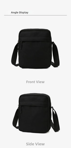 Front and side angle view of a minimalist black messenger bag with adjustable strap