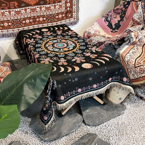 Bohemian black moon phase woven throw blanket with mandala pattern and tassels for camping