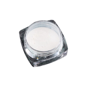 Sparkling white pearl moon nail art powder in a square jar for DIY manicure decoration