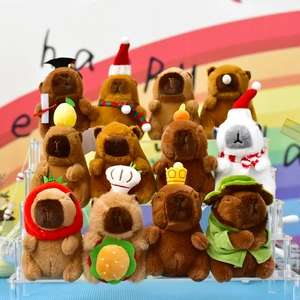 Collection of cute capybara plush pendants featuring various fun outfits and hats