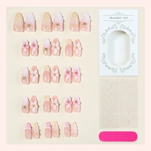 3D floral press-on nails with pink gradient and pearls in a vintage gift box packaging