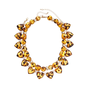 Vintage amber acrylic heart and leopard print beaded necklace with small white pearls