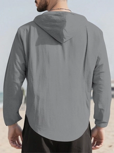 Detailed back view of casual grey hooded shirt featuring breathable cotton linen texture