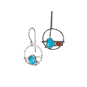 Vintage bohemian turquoise and coral silver earrings in geometric gypsy style design