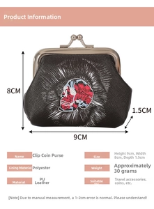 Detailed size chart for the skull coin purse showing dimensions of 8x9x1.5 cm in PU leather