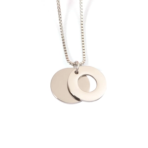Silver stainless steel box chain necklace with layered round disc and open ring pendant