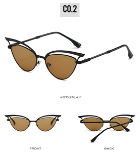 Detailed views of black hollow cat eye sunglasses with brown lenses from three angles