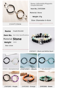 Close-up of magnetic couple stone bracelets with heart-shaped charms and weight details