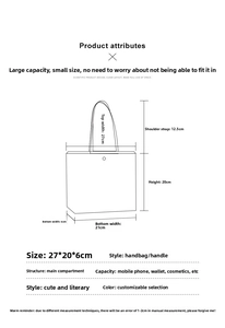 Size chart showing 27x20x6cm dimensions for the minimalist canvas handbag with 12.5cm handle