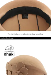 Detail of khaki wool beret showing 100% wool label and adjustable inner band