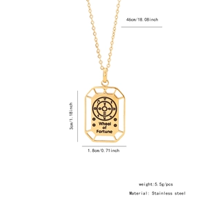 Detailed view of the Wheel of Fortune tarot pendant in polished gold stainless steel