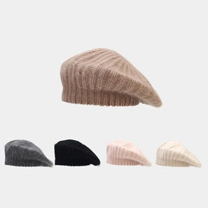 Women Rabbit Hair Knitted Beret Hat Warm Plush Ribbed Retro Artist French Style Autumn Winter Solid Color Cap