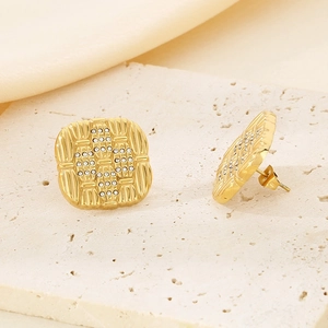 Elegant 18K gold plated square stud earrings with starburst crystal cross pattern