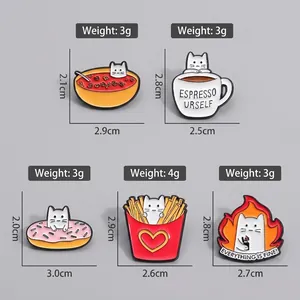 Creative cat enamel pins set featuring snacks and coffee designs with precise measurements