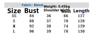 Size chart for midi dress with belt showing XS to L measurements in centimeters