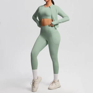 Dreiteiliges Yoga-Set mit langärmliger Zip-Jacke, Sport-BH und Leggings mit Seitentasche