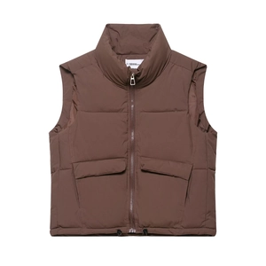 Brown sleeveless puffer vest with stand collar, large flap pockets and drawstring hem