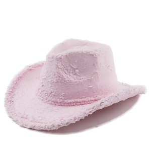 Cappello da cowboy western in peluche rosa da donna con tesa larga e trama soffice
