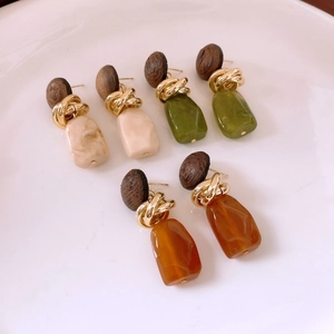 Detail view of vintage geometric resin earrings with wood accents and gold chain links