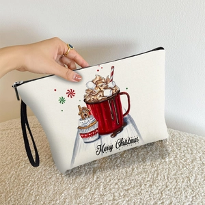 Trousse de maquillage blanche en toile avec imprimé gâteau de Noël et lanière noire
