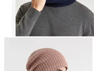 Detailed close-up of thick rib-knit texture on winter warm neck warmer and knit hat