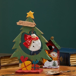 Vintage wooden Christmas tree desk ornament with snowman pendant and Welcome sign