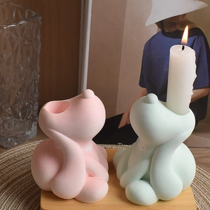 Artistic puppy dog candle holder set in pink and mint green matte finish décor