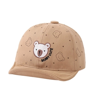Cappellino neonato marrone chiaro a pois con ricamo orsetto e visiera morbida