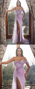 Detail of lavender sequin evening gown with double straps and high slit design