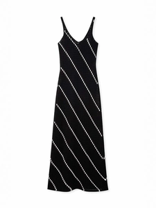 Elegant crochet V-neck maxi dress with black and white diagonal stripes for women