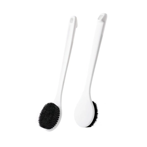 Ergonomic long-handle bath brushes with dense black bristles and white handles for body scrub