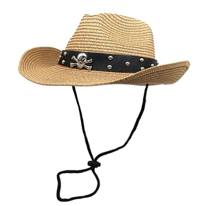 Western Cowboy Straw Hat Vintage Wide Brim Sun Protection With Skull Rivet Belt Adjustable Lanyard Punk Style For Outdoor