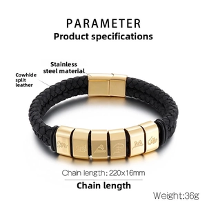 Detail of men's braided leather bracelet with golden stainless steel magnetic clasp