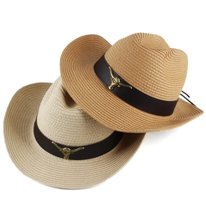 Western straw cowboy hats with bull head metal buckle in beige and khaki shades