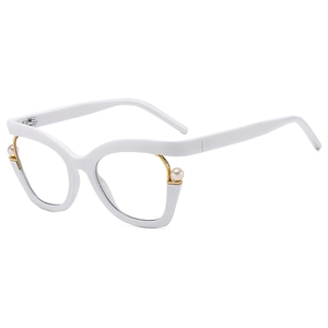 Elegant white cat-eye blue light blocking glasses with gold metal and pearl accents