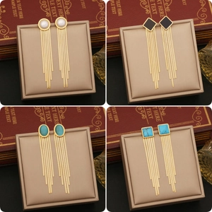 Long Tassel Drop Earrings Stainless Steel Vintage Geometric Artificial Pearl Cat Eye Stone Elegant Fashion Jewelry For Women
